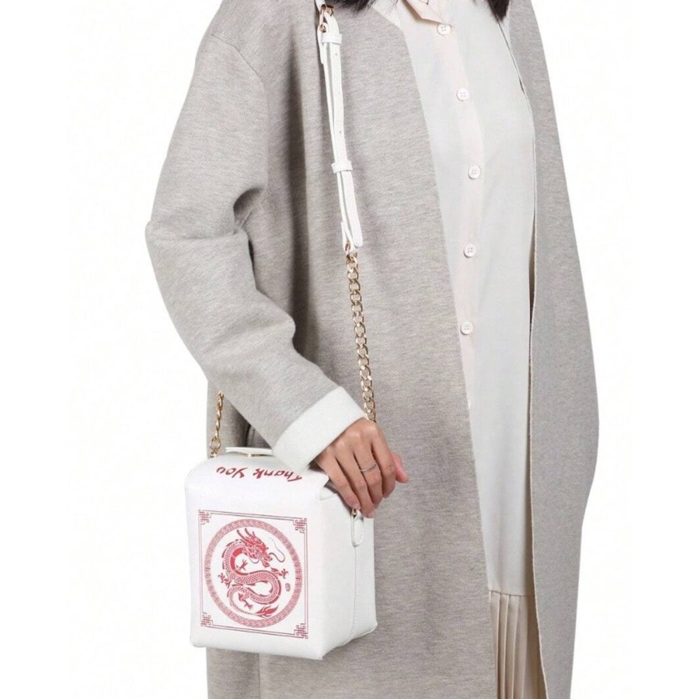 Chinese Takeout Box Crossbody Bag White Red Dragon Novelty Purse Thank You Bag